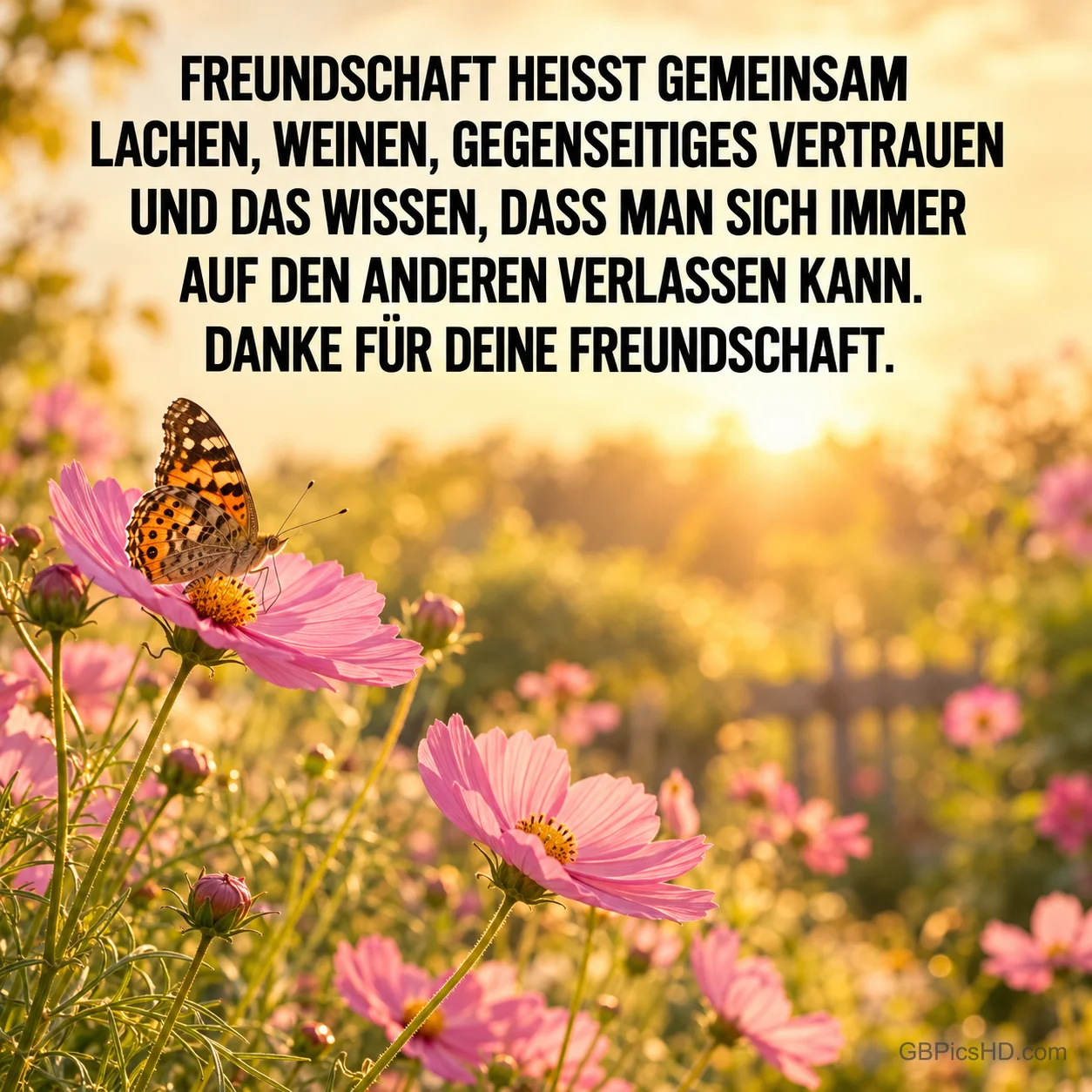 Ein Schmetterling sitzt auf rosa Schmuckkörbchen im goldenen Gegenlicht, darüber der Spruch "Freundschaft heißt gemeinsam lachen, weinen … Danke für deine Freundschaft."