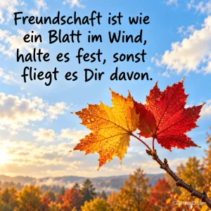 Zwei bunte Herbstblätter an einem Zweig vor blauem Himmel und Herbstlandschaft mit dem Spruch "Freundschaft ist wie ein Blatt im Wind, halte es fest, sonst fliegt es Dir davon."