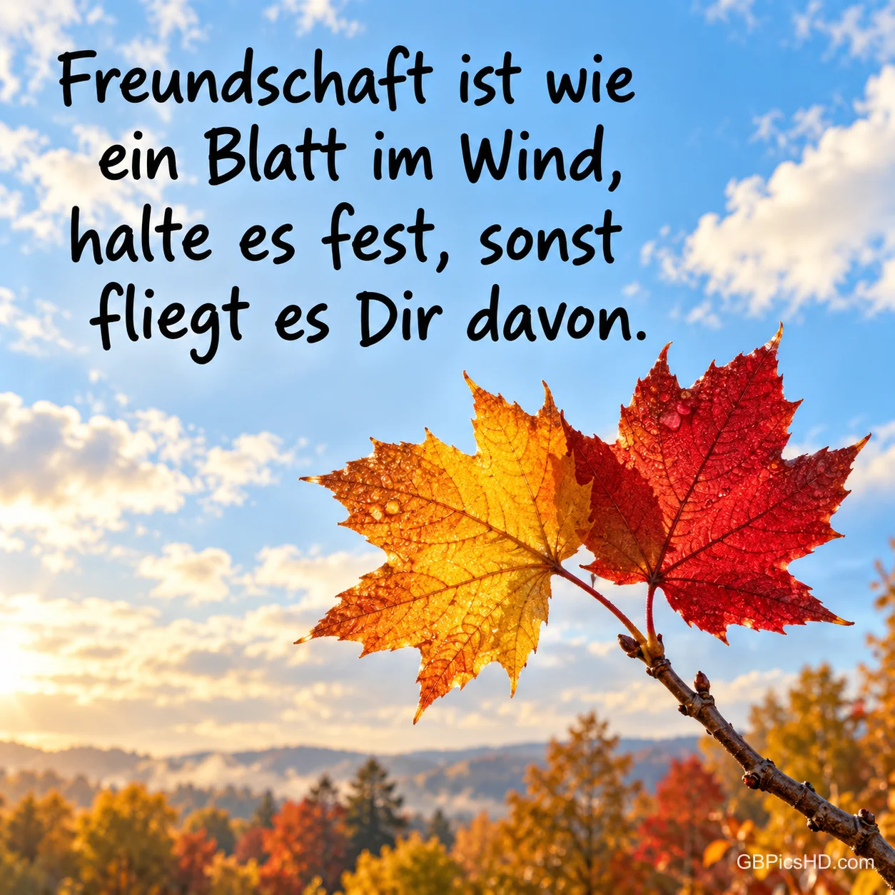 Zwei bunte Herbstblätter an einem Zweig vor blauem Himmel und Herbstlandschaft mit dem Spruch "Freundschaft ist wie ein Blatt im Wind, halte es fest, sonst fliegt es Dir davon."