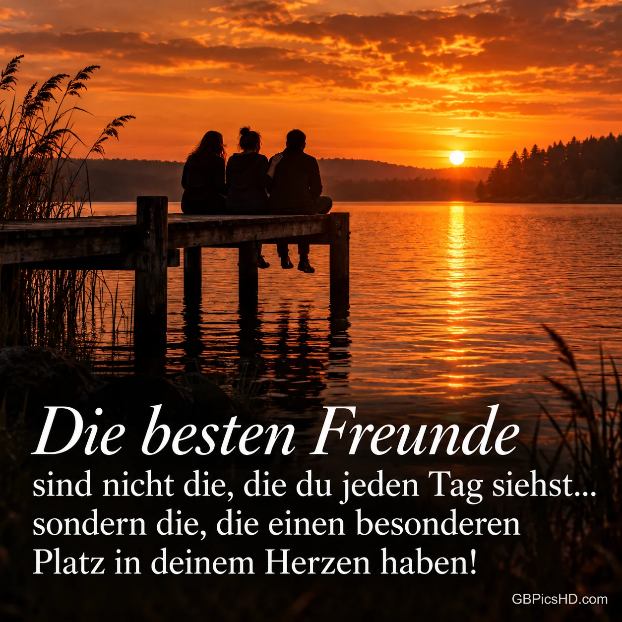 Drei Freunde sitzen als Silhouetten auf einem Steg am See im Sonnenuntergang, dazu "Die besten Freunde sind nicht die, die du jeden Tag siehst … sondern die, die einen besonderen Platz in deinem Herzen haben!".