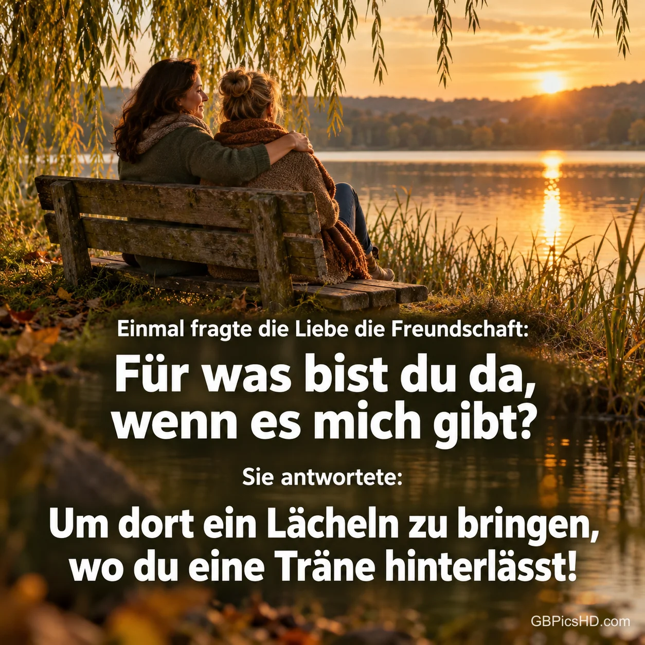 Zwei Freundinnen sitzen Arm in Arm auf einer Bank unter einer Weide am See im Abendlicht, dazu "Um dort ein Lächeln zu bringen, wo du eine Träne hinterlässt!".