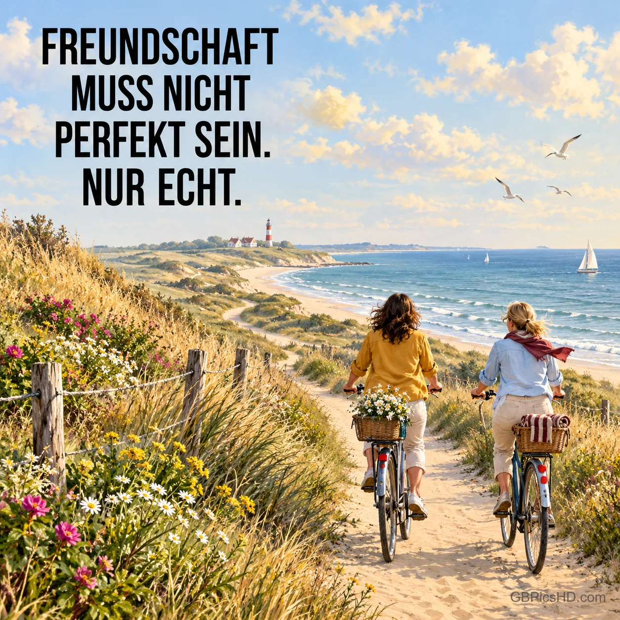Zwei Freundinnen radeln, von hinten gesehen, auf einem Dünenweg zum Meer, darüber "Freundschaft muss nicht perfekt sein. Nur echt.".