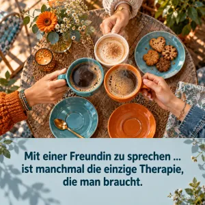 Hände stoßen über einem Tisch mit Kaffeetassen und Keksen an, dazu "Mit einer Freundin zu sprechen … ist manchmal die einzige Therapie, die man braucht.".