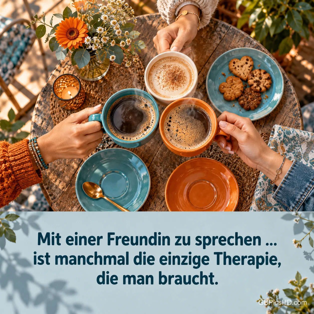 Hände stoßen über einem Tisch mit Kaffeetassen und Keksen an, dazu "Mit einer Freundin zu sprechen … ist manchmal die einzige Therapie, die man braucht.".