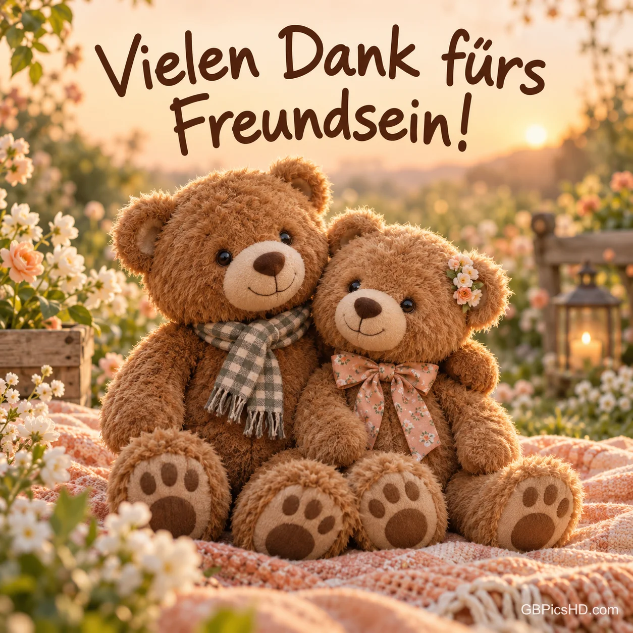 Zwei kuschelnde Teddybären auf einer Decke in einem blühenden Garten bei Sonnenuntergang, darüber "Vielen Dank fürs Freundsein!".