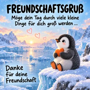 Ein kleiner Pinguin hält ein Herz in einer Eislandschaft, dazu "Möge dein Tag durch viele kleine Dinge für dich groß werden … Danke für deine Freundschaft".