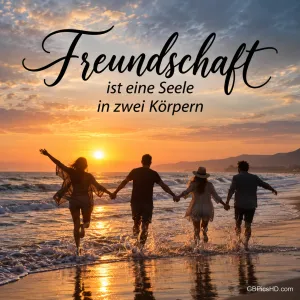Vier Freunde laufen als Silhouetten Hand in Hand bei Sonnenuntergang ins Meer, darüber "Freundschaft ist eine Seele in zwei Körpern".