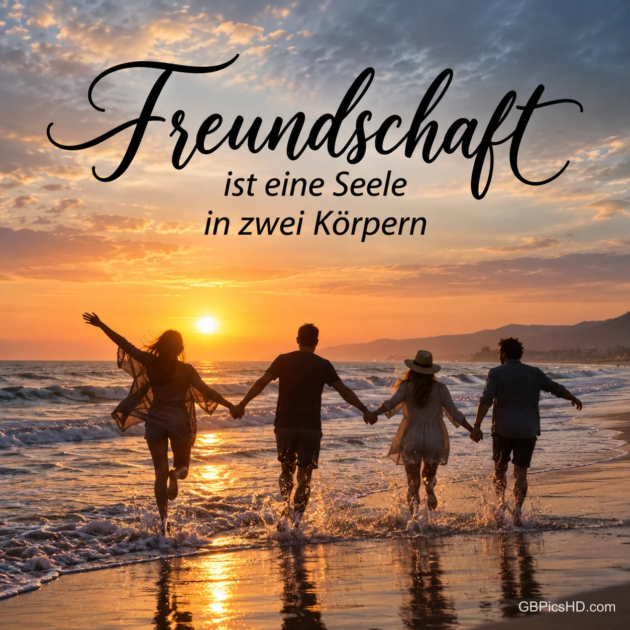 Vier Freunde laufen als Silhouetten Hand in Hand bei Sonnenuntergang ins Meer, darüber "Freundschaft ist eine Seele in zwei Körpern".