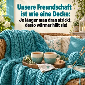 Eine türkisfarbene Strickdecke mit Wollknäuel und zwei Teetassen auf einem Sessel, dazu "Unsere Freundschaft ist wie eine Decke: Je länger man dran strickt, desto wärmer hält sie!".