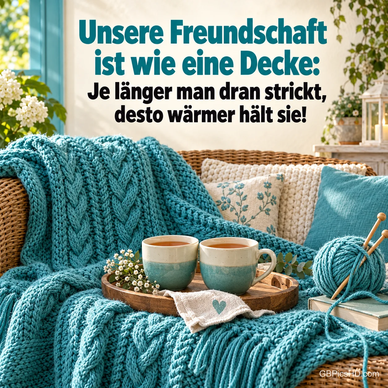 Eine türkisfarbene Strickdecke mit Wollknäuel und zwei Teetassen auf einem Sessel, dazu "Unsere Freundschaft ist wie eine Decke: Je länger man dran strickt, desto wärmer hält sie!".