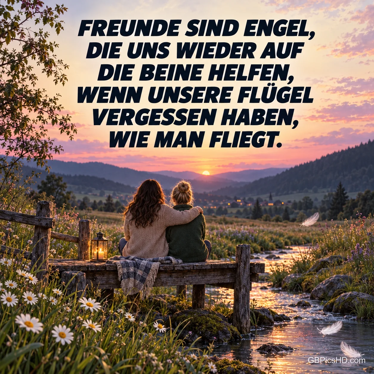 Zwei Freundinnen sitzen, von hinten gesehen, Arm in Arm auf einer Bank am Bach im Abendrot, darüber "Freunde sind Engel, die uns wieder auf die Beine helfen …".