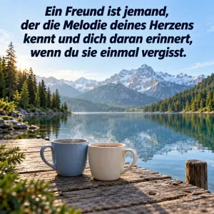 Zwei dampfende Tassen auf einem Holzsteg an einem Bergsee, darüber "Ein Freund ist jemand, der die Melodie deines Herzens kennt …".
