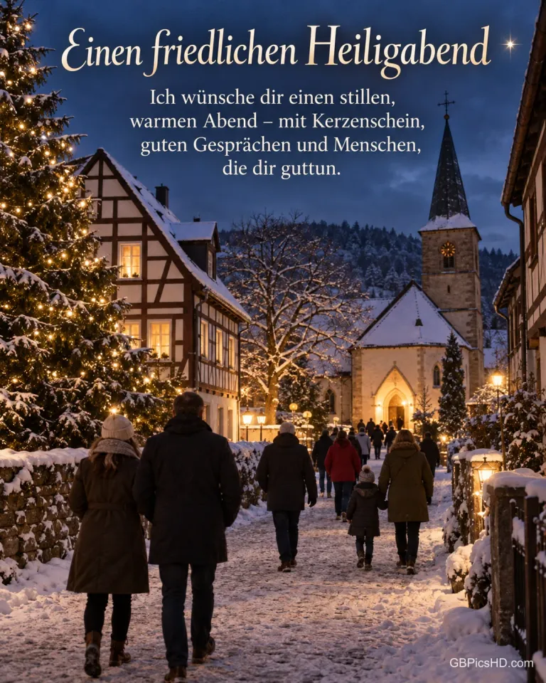 Menschen gehen von hinten gesehen durch eine verschneite Dorfstraße mit Fachwerkhäusern zur Kirche, daneben ein leuchtender Baum, dazu „Einen friedlichen Heiligabend“.