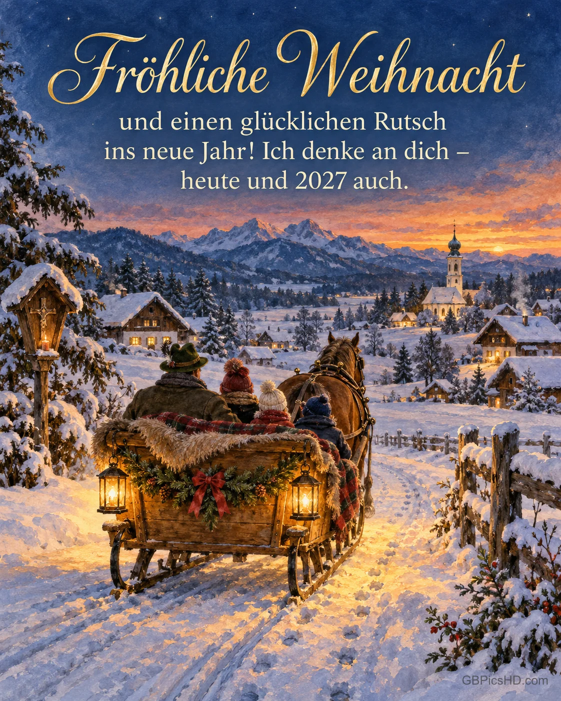 Ein Pferdeschlitten mit Laternen gleitet von hinten gesehen durch das verschneite bayerische Land in der Dämmerung, dazu „Fröhliche Weihnacht“.