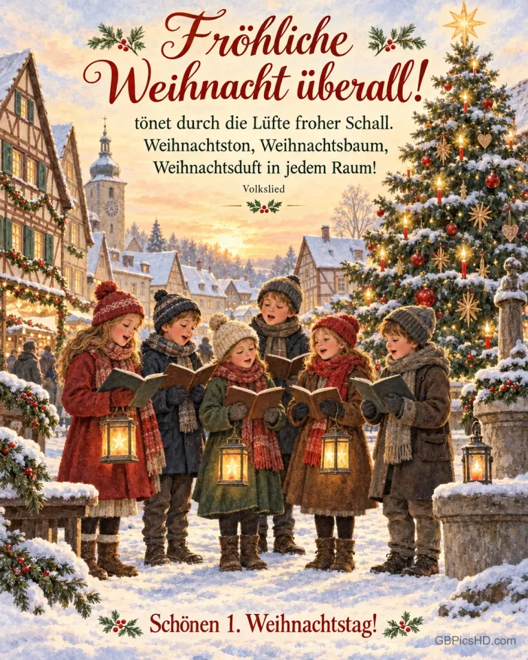 Kinder singen mit Laternen und Liederbüchern auf dem verschneiten Marktplatz vor dem Weihnachtsbaum, dazu "Fröhliche Weihnacht überall!".