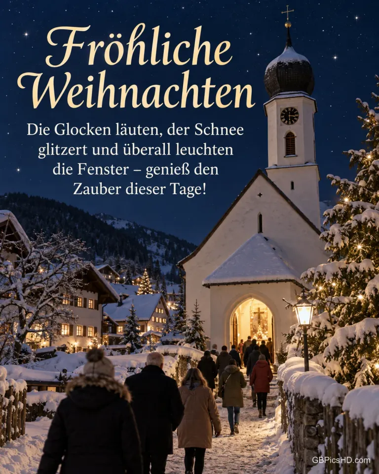 Menschen gehen von hinten gesehen durch den Schnee zu einer erleuchteten bayerischen Dorfkirche, darüber die Sterne, dazu „Fröhliche Weihnachten“.