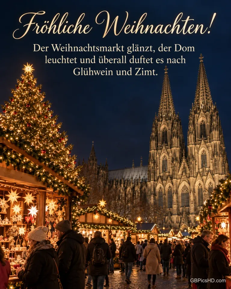 Der Weihnachtsmarkt vor dem beleuchteten Kölner Dom bei Nacht mit großem Weihnachtsbaum, dazu "Fröhliche Weihnachten!".
