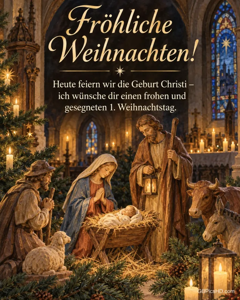 Eine handgeschnitzte Holzkrippe mit Maria, Josef und dem Kind in einer von Kerzen erleuchteten Kirche, dazu „Fröhliche Weihnachten!“.