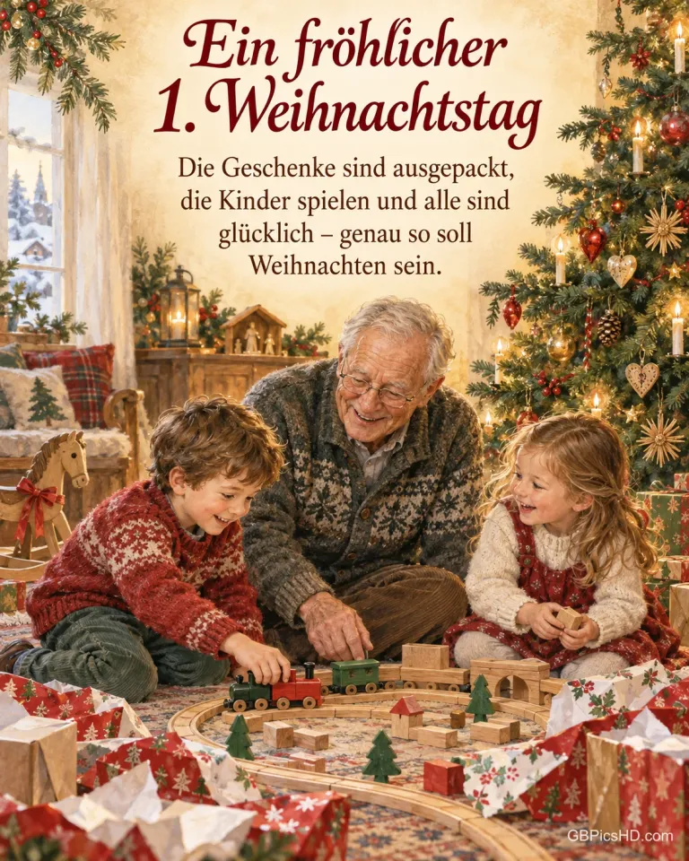 Zwei Kinder und ihr Großvater spielen unter dem Weihnachtsbaum mit einer Holzeisenbahn, dazu "Ein fröhlicher 1. Weihnachtstag".