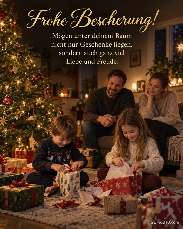 Zwei Kinder packen unter dem leuchtenden Weihnachtsbaum Geschenke aus, die Eltern schauen zu, dazu "Frohe Bescherung!".