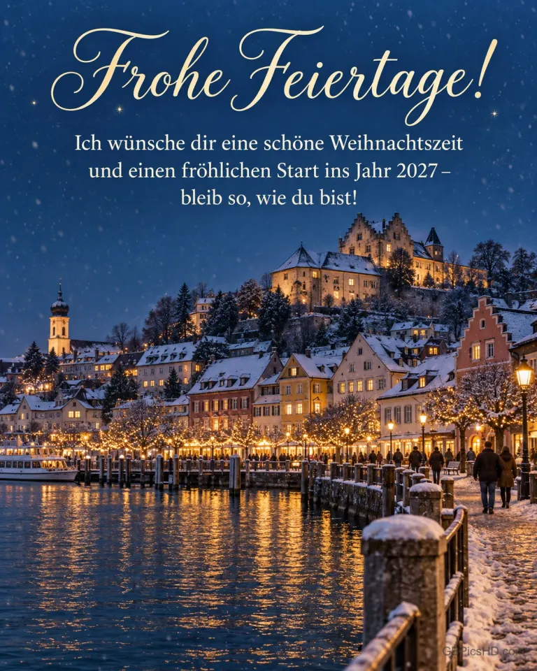 Die Altstadt von Meersburg am Bodensee im leichten Schnee mit Weihnachtslichtern an der Uferpromenade, dazu „Frohe Feiertage!“.