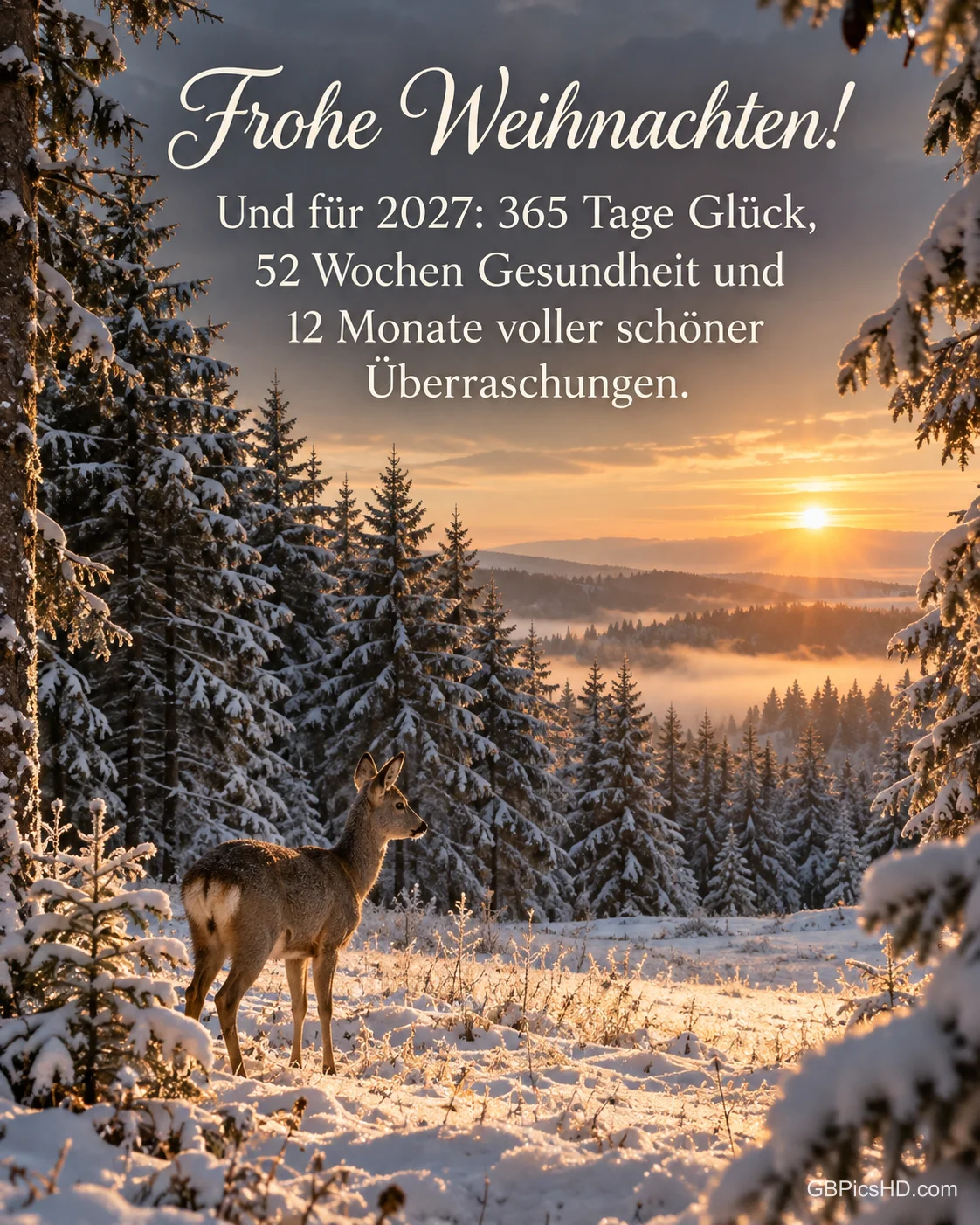 Ein Reh am Rand einer Lichtung im verschneiten Tannenwald bei Sonnenaufgang, dazu „Frohe Weihnachten!“. Ein Reh am Rand einer Lichtung im verschneiten Tannenwald bei Sonnenaufgang, dazu „Frohe Weihnachten!“.