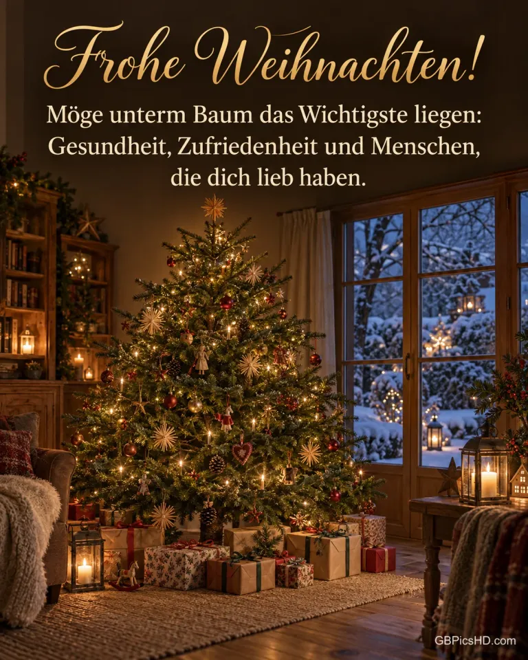 Ein geschmückter Weihnachtsbaum mit Lichtern und Strohsternen im Wohnzimmer, darunter Geschenke, draußen ein verschneiter Garten, dazu „Frohe Weihnachten!“.
