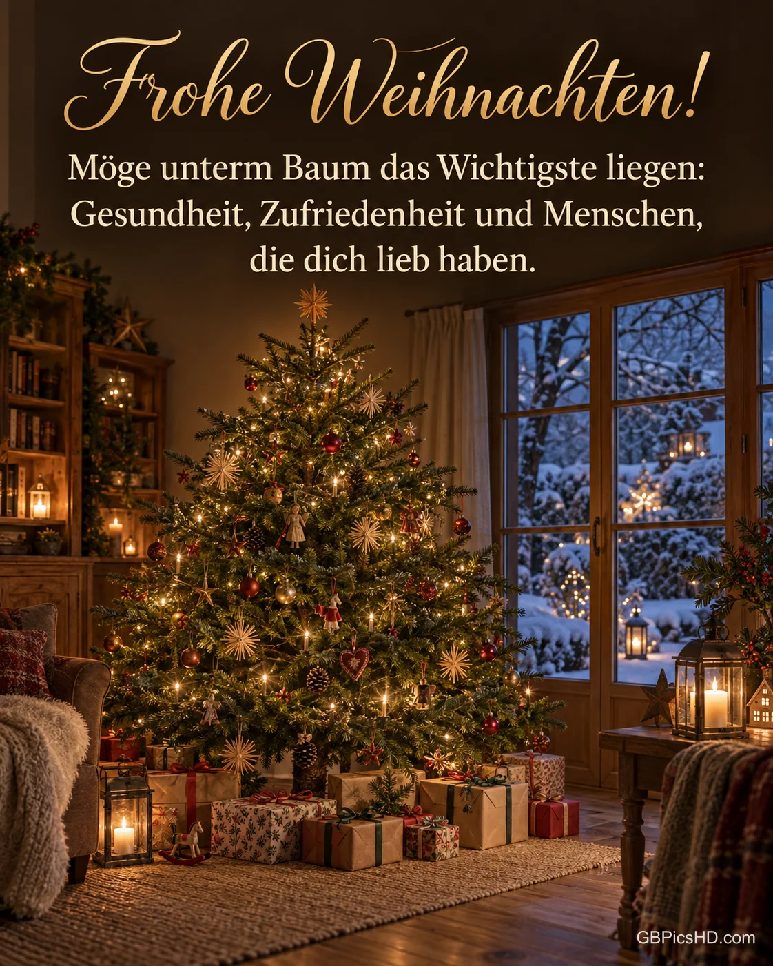 Ein geschmückter Weihnachtsbaum mit Lichtern und Strohsternen im Wohnzimmer, darunter Geschenke, draußen ein verschneiter Garten, dazu „Frohe Weihnachten!“.