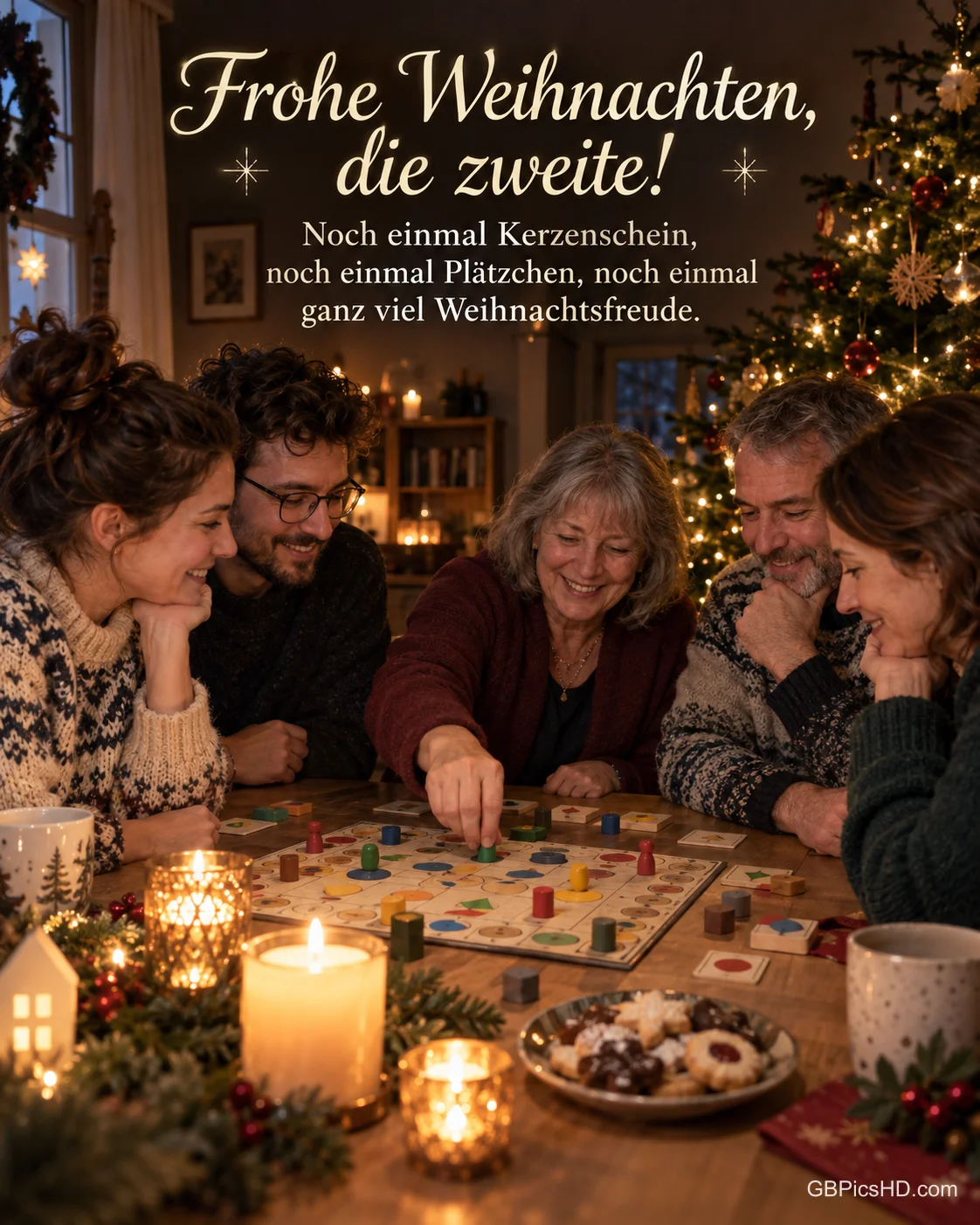 Familie und Freunde spielen bei Kerzenschein ein Brettspiel, daneben ein Teller Plätzchen, dazu "Frohe Weihnachten, die zweite!".