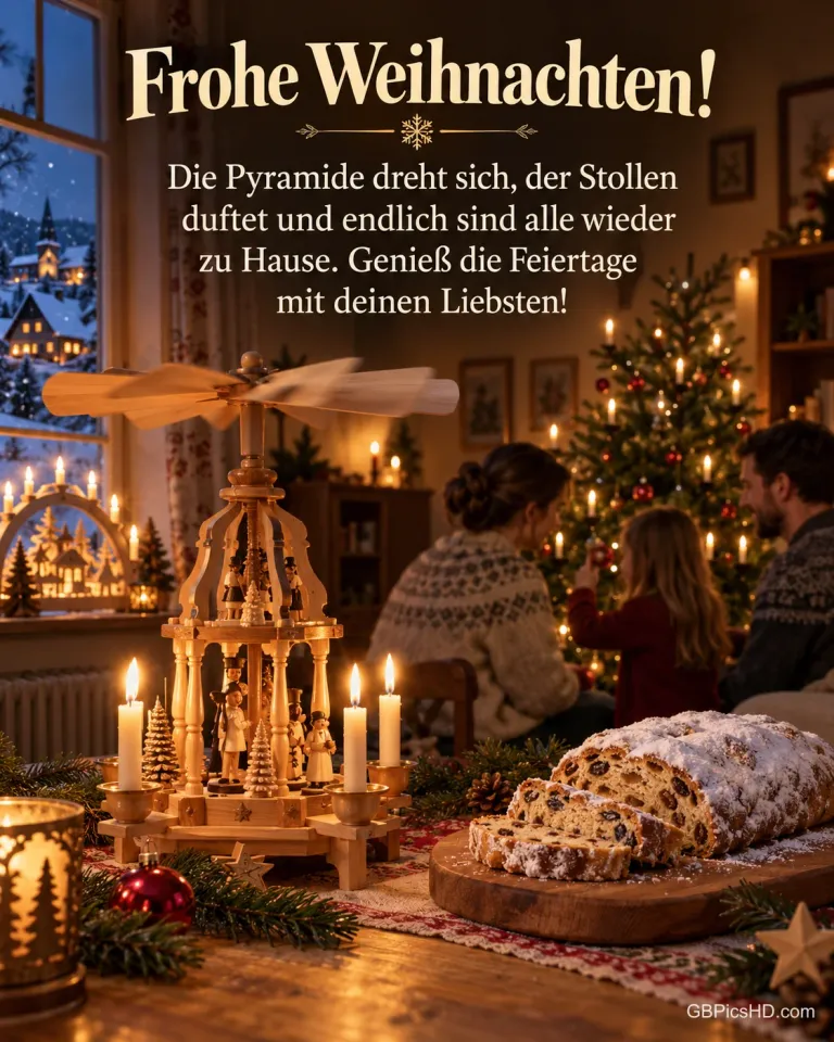 Eine erzgebirgische Weihnachtspyramide mit brennenden Kerzen und ein Stollen auf dem Tisch, am Fenster ein Schwibbogen, im Hintergrund schmückt eine Familie den Baum, dazu „Frohe Weihnachten!“.