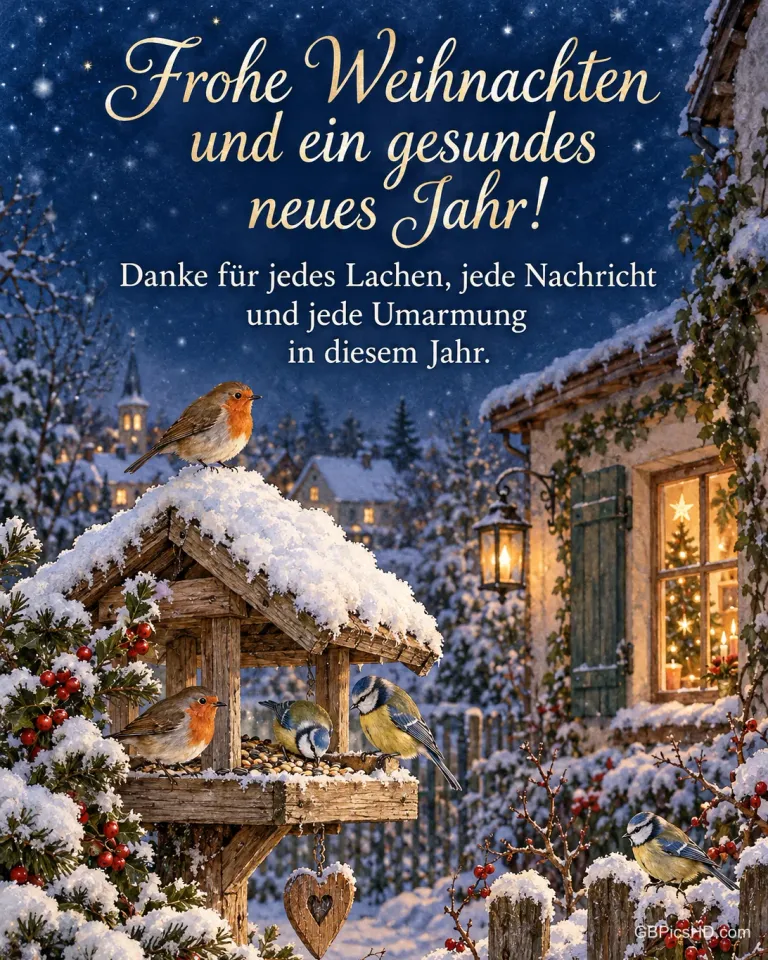 Rotkehlchen und Blaumeisen an einem verschneiten Vogelhäuschen, dahinter ein erleuchtetes Hausfenster, dazu „Frohe Weihnachten und ein gesundes neues Jahr!“.