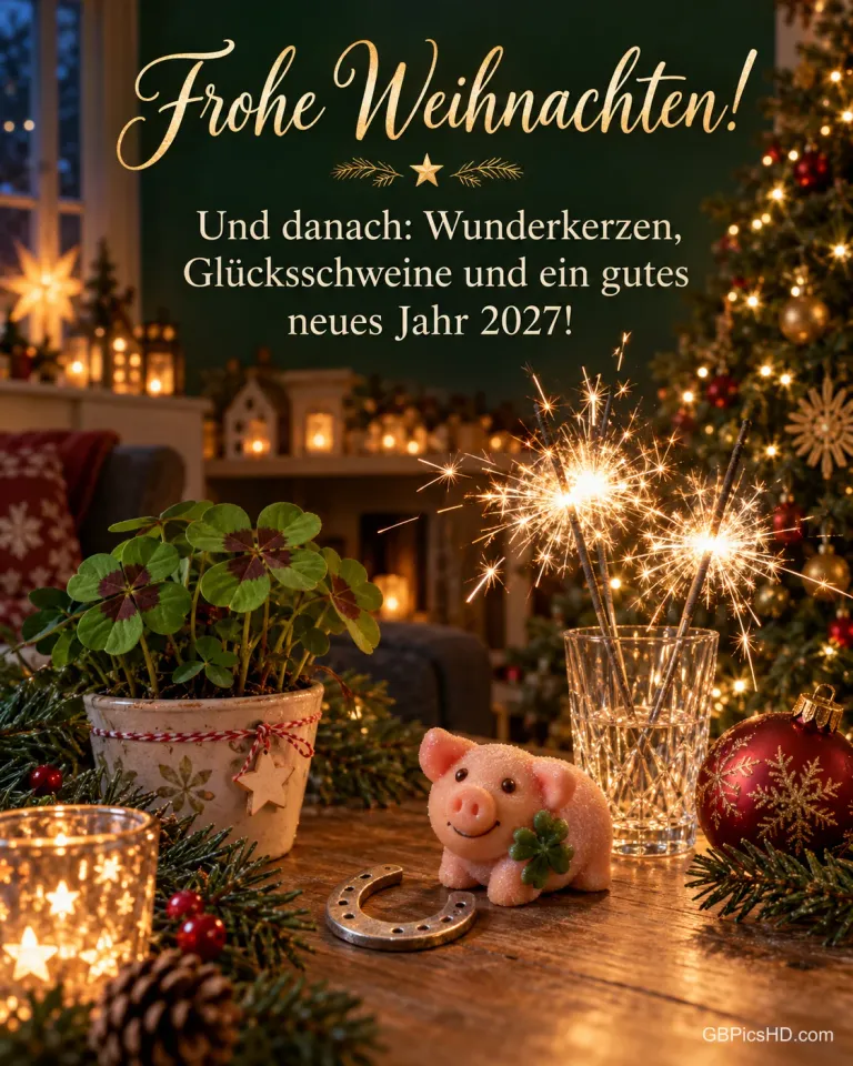 Ein Glücksschwein aus Marzipan, ein Hufeisen, ein Kleeblatttopf und brennende Wunderkerzen auf einem festlichen Tisch vor dem Weihnachtsbaum, dazu „Frohe Weihnachten!“.