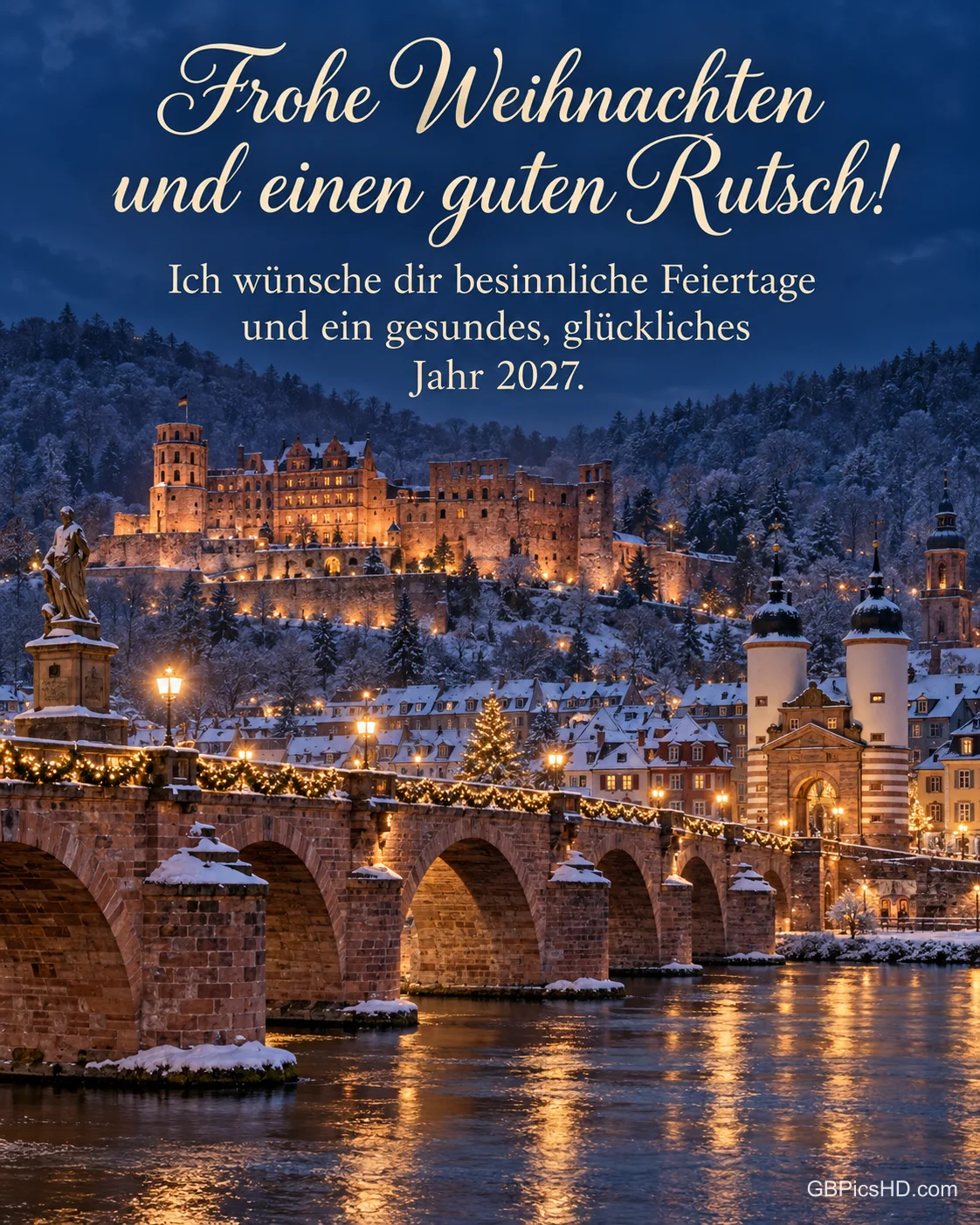 Die Alte Brücke und das Schloss von Heidelberg im Schnee in der Dämmerung, Weihnachtslichter in der Altstadt, dazu „Frohe Weihnachten und einen guten Rutsch!“. Die Alte Brücke und das Schloss von Heidelberg im Schnee in der Dämmerung, Weihnachtslichter in der Altstadt, dazu „Frohe Weihnachten und einen guten Rutsch!“.