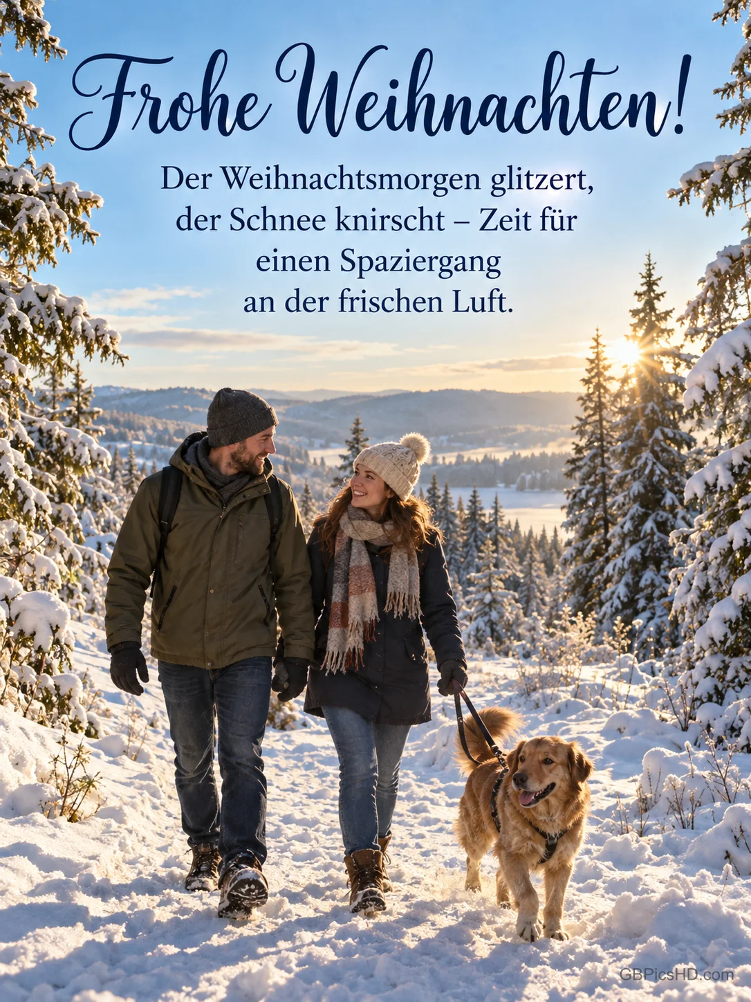 Ein Paar geht mit seinem Hund am sonnigen Weihnachtsmorgen durch den verschneiten Wald, dazu "Frohe Weihnachten!". Ein Paar geht mit seinem Hund am sonnigen Weihnachtsmorgen durch den verschneiten Wald, dazu "Frohe Weihnachten!".