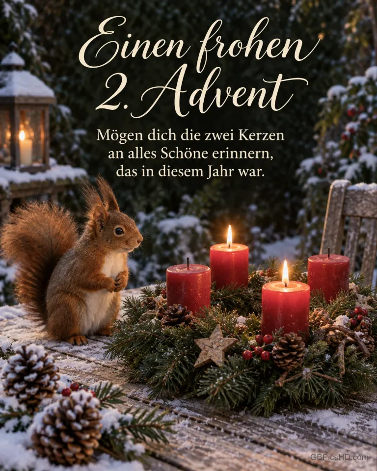 Ein rotes Eichhörnchen sitzt auf einem verschneiten Gartentisch neben dem Adventskranz mit zwei brennenden Kerzen, dazu "Einen frohen 2. Advent".
