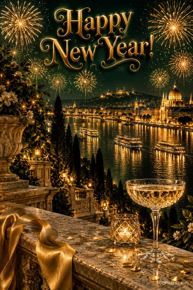 Ein Sektglas auf einer Terrasse und goldenes Feuerwerk über einer beleuchteten Stadt am Fluss begleiten "Happy New Year!".