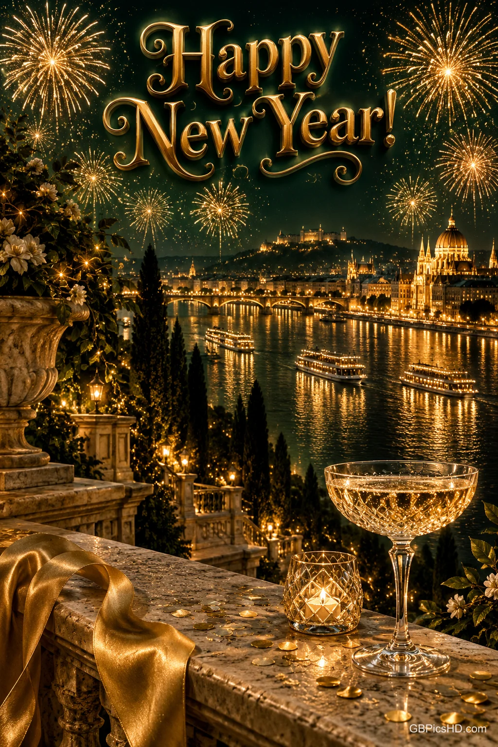 Ein Sektglas auf einer Terrasse und goldenes Feuerwerk über einer beleuchteten Stadt am Fluss begleiten "Happy New Year!".