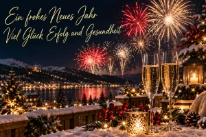 Feuerwerk leuchtet über einer Stadt am Wasser neben "Ein frohes neues Jahr Viel Glück Erfolg und Gesundheit".