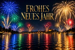 Blaue, grüne, rote und goldene Feuerwerke spiegeln sich im Wasser unter dem goldenen Schriftzug "Frohes neues Jahr".