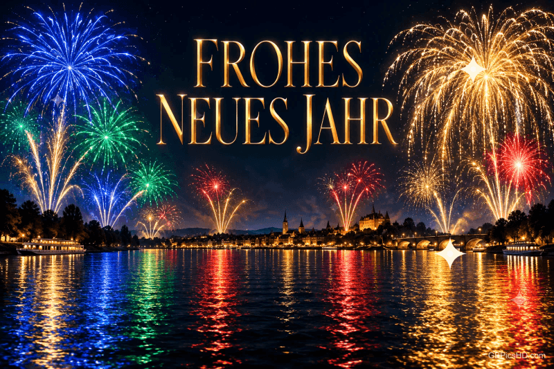 Blaue, grüne, rote und goldene Feuerwerke spiegeln sich im Wasser unter dem goldenen Schriftzug "Frohes neues Jahr".