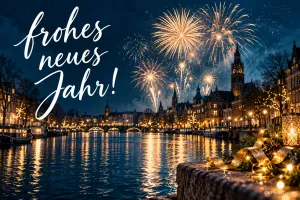 Goldenes Feuerwerk leuchtet über einer Stadt am Wasser, während am Ufer Lichter funkeln und links "frohes neues Jahr!" steht.