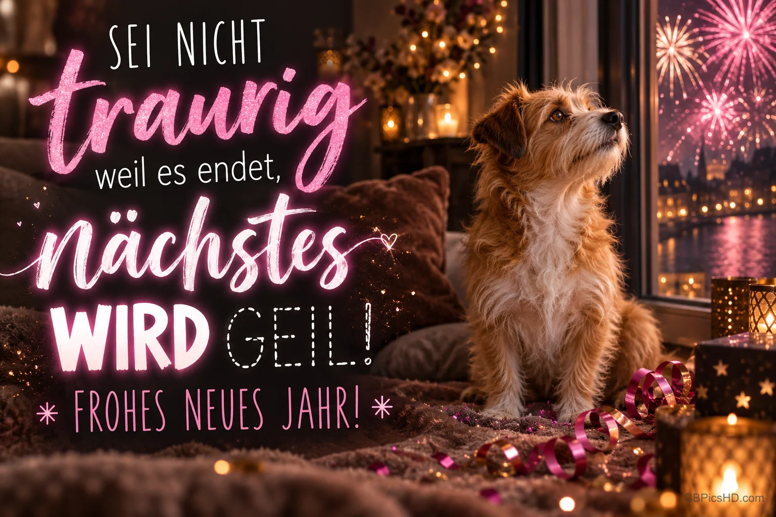 Ein Hund sitzt am Fenster mit Feuerwerk neben "Sei nicht traurig weil es endet, nächstes wird geil! Frohes neues Jahr!".