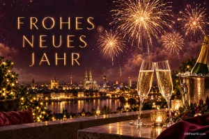 Goldenes Feuerwerk leuchtet über einer Stadt am Fluss, vorne stehen Sektgläser und eine Flasche: "Frohes neues Jahr".