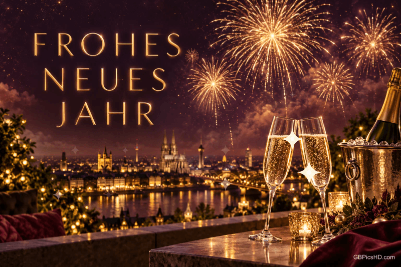 Goldenes Feuerwerk leuchtet über einer Stadt am Fluss, vorne stehen Sektgläser und eine Flasche: "Frohes neues Jahr".