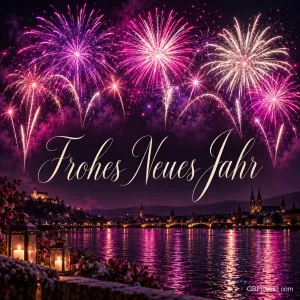 Rosa und goldenes Feuerwerk spiegelt sich im Fluss vor einer beleuchteten Stadt: "Frohes neues Jahr".