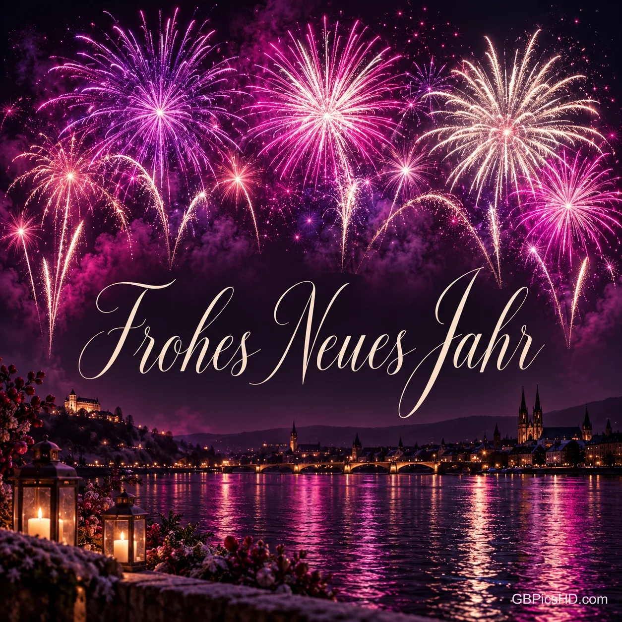 Rosa und goldenes Feuerwerk spiegelt sich im Fluss vor einer beleuchteten Stadt: "Frohes neues Jahr".