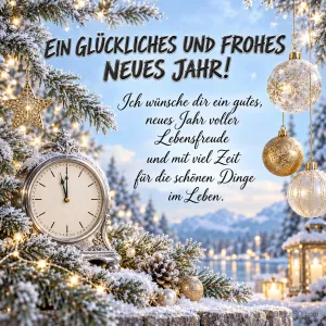 Eine Uhr, verschneite Tannenzweige und goldene Kugeln begleiten "Ein glückliches und frohes neues Jahr!".