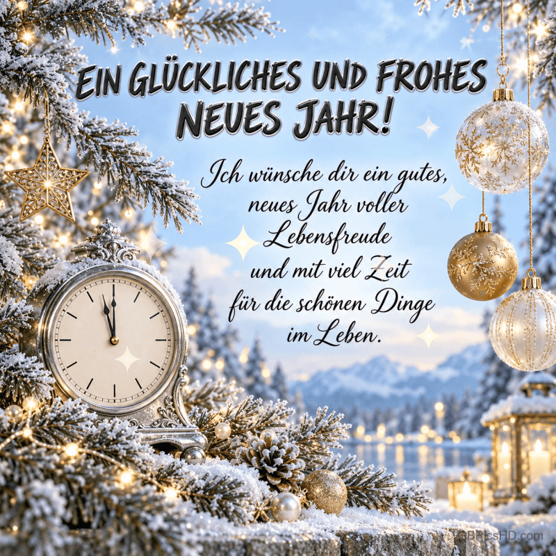 Eine Uhr, verschneite Tannenzweige und goldene Kugeln begleiten "Ein glückliches und frohes neues Jahr!".