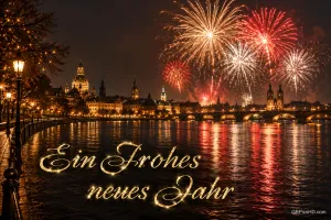 Goldenes und rotes Feuerwerk über einer beleuchteten Stadt am Fluss mit dem Gruß "Ein frohes neues Jahr".