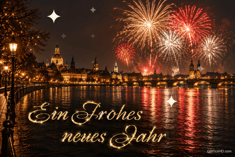 Goldenes und rotes Feuerwerk über einer beleuchteten Stadt am Fluss mit dem Gruß "Ein frohes neues Jahr".